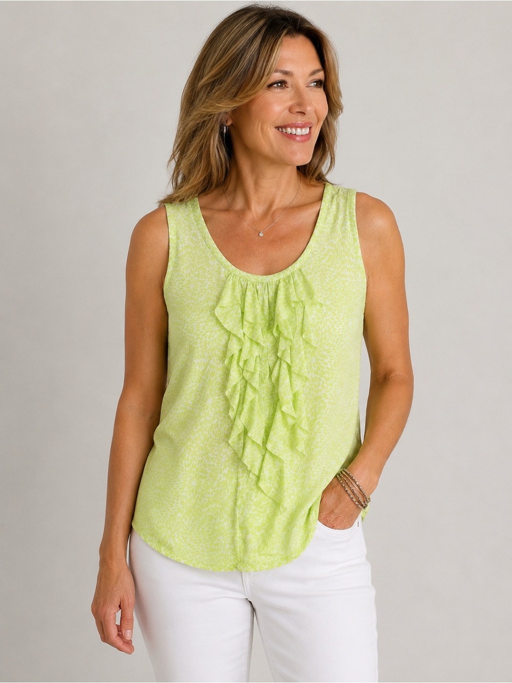 Chico's Lime Green Ruffle Front Scoop Neck Tank